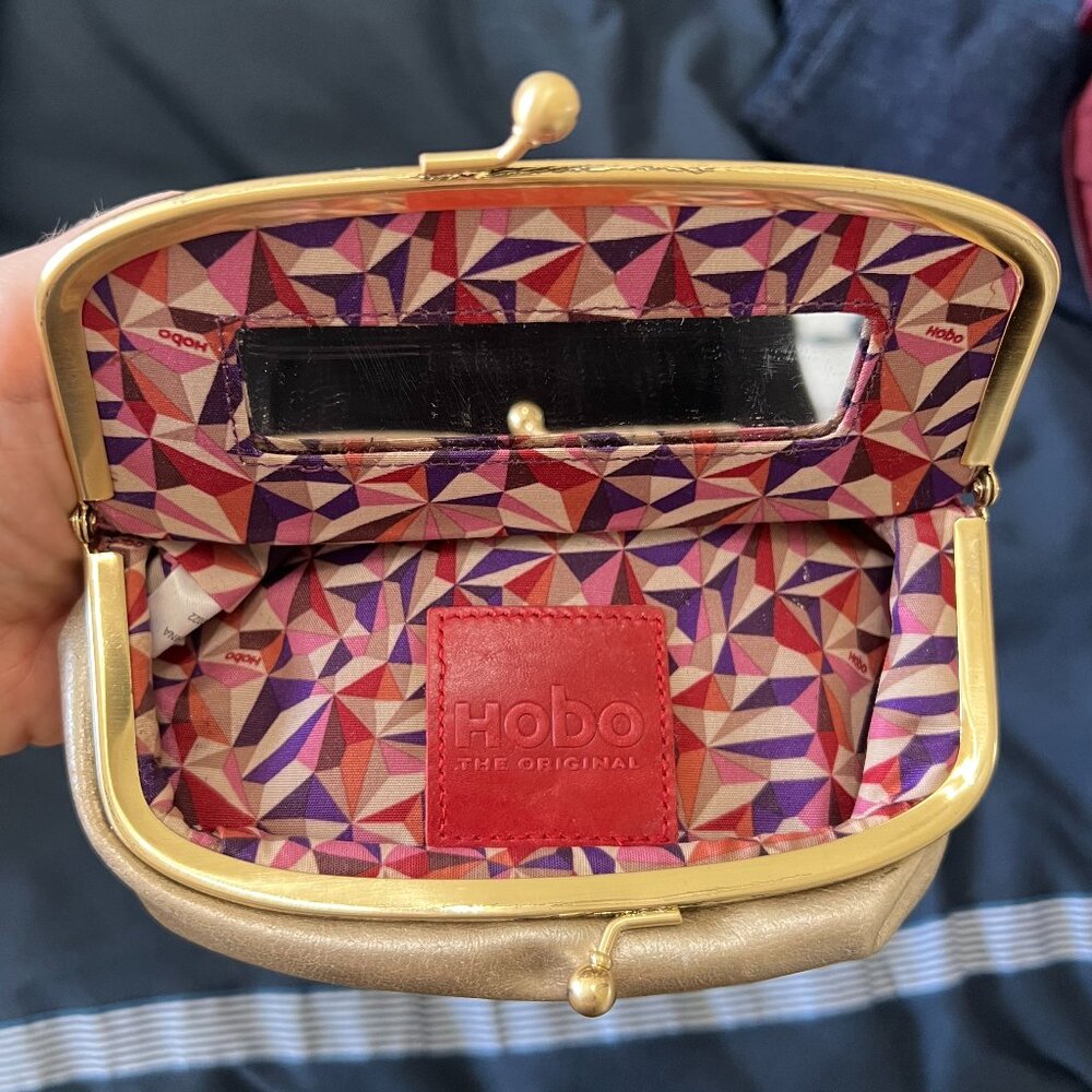 Hobo Beige Leather Coin Pouch w/ Mirror & Colorful Lining